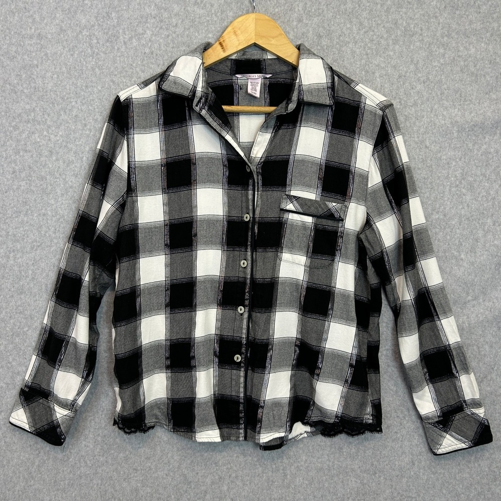 Victoria's Secret Button Front Pajama Top Black White Plaid Lace Trim Size Small